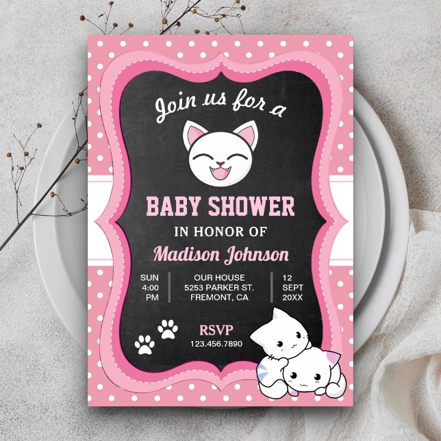 Convite Chá de Bebê de Gatinho Rosa Fofo (Criador carregado)