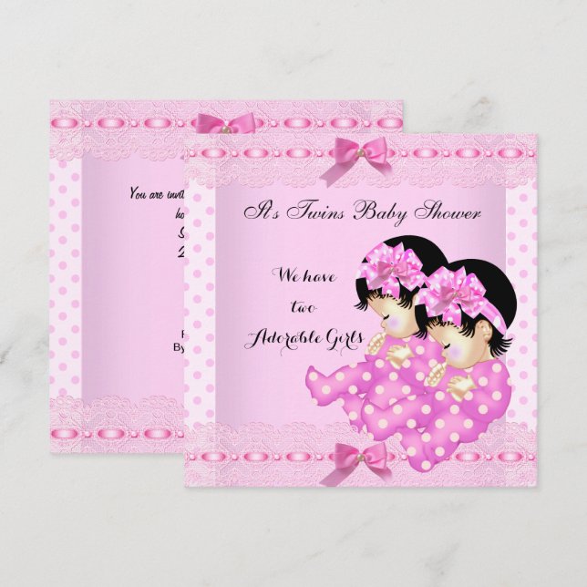 Convite Chá de Bebê de Gêmeas Meninas Pontos Pink (Frente/Verso)