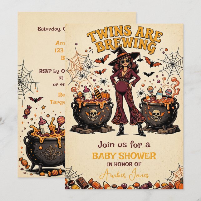 Convite Chá de Bebê de Gêmeos no Halloween está Cozinhando (Frente/Verso)