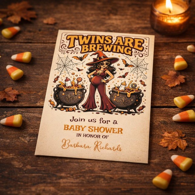 Convite Chá de Bebê de Gêmeos no Halloween está Cozinhando (Twins are Brewing Halloween Baby Shower Invitation)