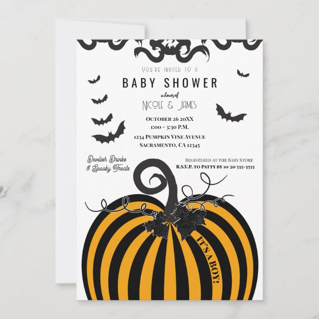 Convite Chá de Bebê de Halloween com Abóbora Preta e Laran (Frente)