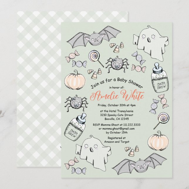 Convite Chá de Bebê de Halloween com Fantasma, Morcego e A (Frente/Verso)