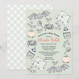 Convite Chá de Bebê de Halloween com Fantasma, Morcego e A