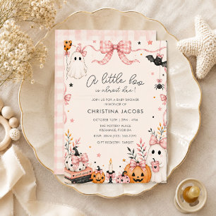Convite Chá de Bebê de Halloween em Xadrez Rosa Little Boo