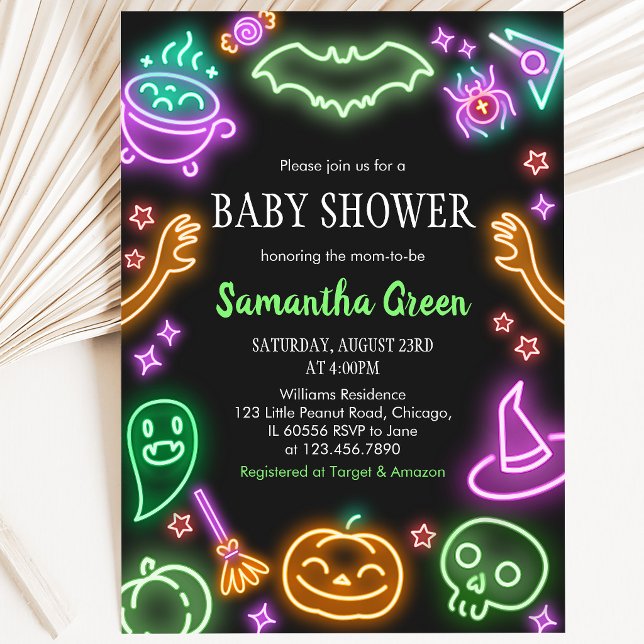 Convite Chá de Bebê de Halloween Neon (Criador carregado)