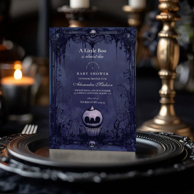 Convite Chá de Bebê de Halloween Roxo Gótico Escuro (Criador carregado)