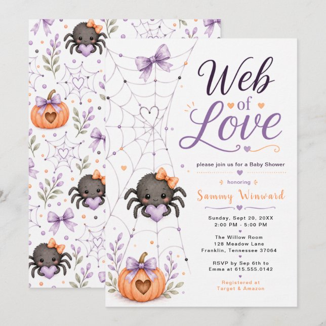 Convite Chá de Bebê de Halloween Teia do Amor (Frente/Verso)