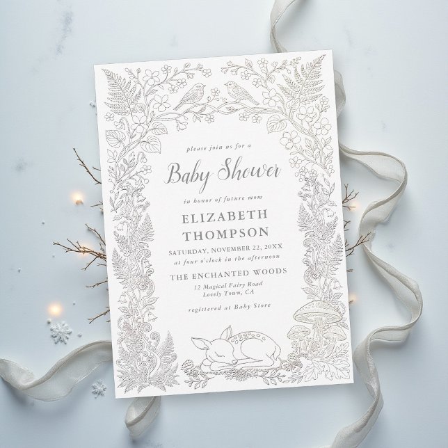Convite Chá de Bebê de Inverno Enfeitiçado Floresta de Con (winter baby shower invitation woodland deer animals enchanted forest fairytale storybook magic)