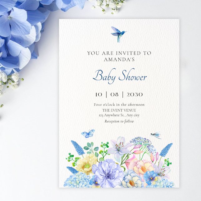 Convite Chá de bebê de jardim floral azul estético (Criador carregado)