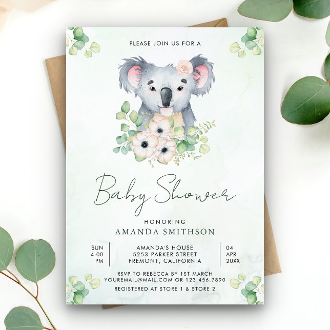 Convite Chá de Bebê de Koala com Eucalipto Floral (Criador carregado)