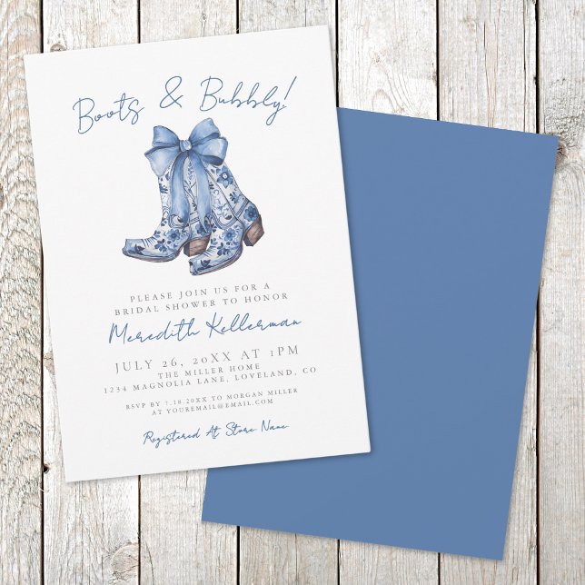Convite Chá de Bebê de Laço Azul Country Rústico (Rustic Country Blue Bow Bridal Shower Invitation)