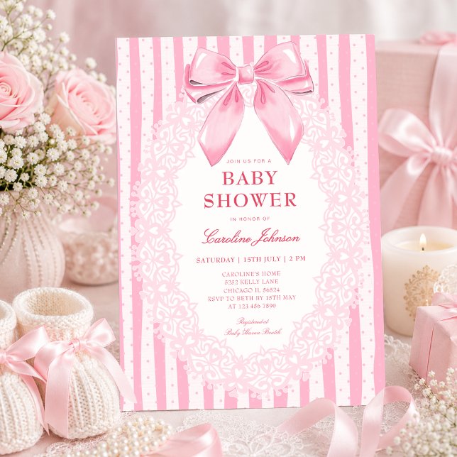 Convite Chá de Bebê de Laço Rosa Elegante em Renda Floral (Criador carregado)