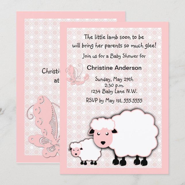 Convite Chá de Bebê de Lamb Rosa (Frente/Verso)