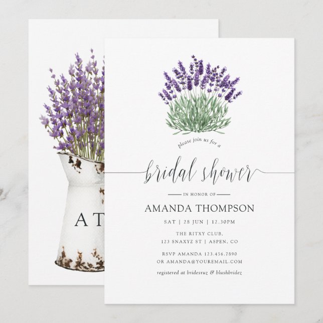 Convite Chá de Bebê de Lavanda em Aquarela em Estilo Cotta (Frente/Verso)