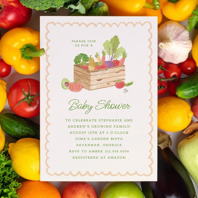 Convite Chá de Bebê de Legumes Cultivados Localmente na Fe (cute watercolour farmer's market baby shower invitation with crate of vegetables)