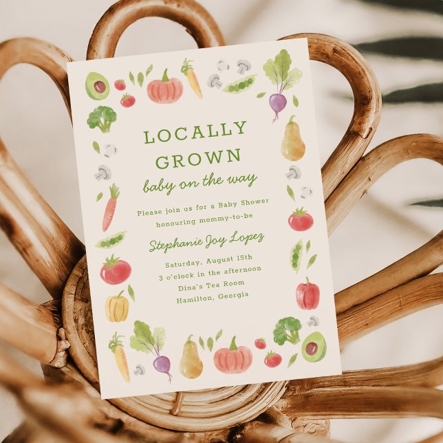 Convite Chá de Bebê de Legumes do Mercado de Produtores Lo (Locally Grown baby shower invitation with hand-drawn watercolour vegetables)