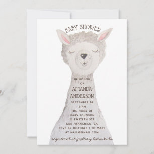 Convite Chá de Bebê de Lhama Fofa   Alpaca Aquarela Neutra
