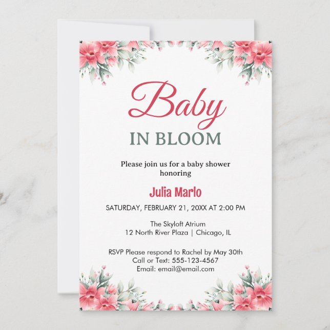Convite Chá de bebê de menina com lírios florais Baby in B (Frente)