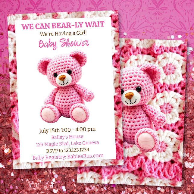 Convite Chá de Bebê de Menina com Urso de Crochê Rosa (Criador carregado)