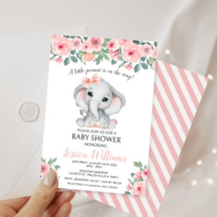 Convite Chá de bebê de menina cor-de-rosa fofo elefante am