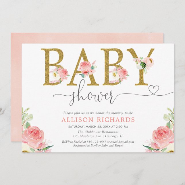Convite Chá de bebê de menina, elegante rosa dourado flora (Frente/Verso)