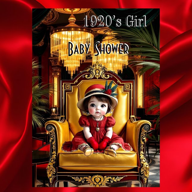 Convite Chá de Bebê de Menina Fofa Art déco Vermelho dos A (Criador carregado)