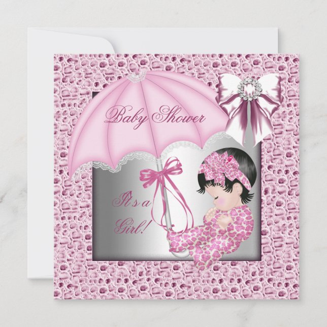Convite Chá de Bebê de Menina Rosa Bonito Branco (Frente)