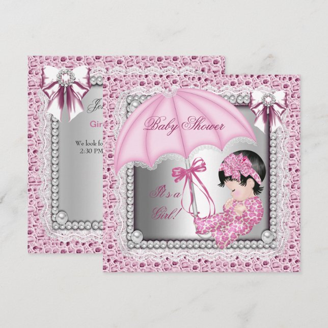 Convite Chá de Bebê de Menina Rosa Bonito Branco (Frente/Verso)