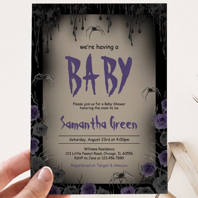 Convite Chá de Bebê de Menina Roxo de Halloween (Criador carregado)