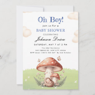 Convite Chá de Bebê de Menino com Cogumelos em Aquarela Fo