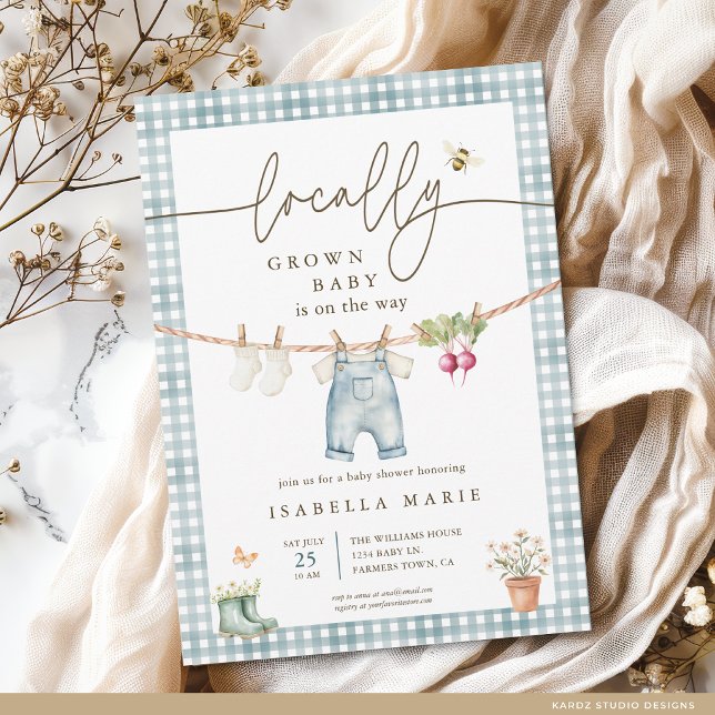 Convite Chá de Bebê de Menino Localmente Cultivado (The front of the baby shower invite is shown at 5x7-inch size. Choose paper, + corner style.)