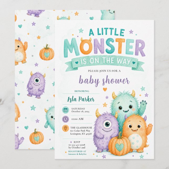 Convite Chá de Bebê de Monstro Fofo de Halloween (Frente/Verso)