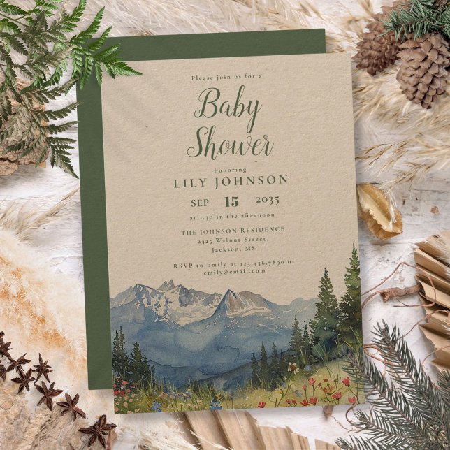 Convite Chá de Bebê de Montanha em Aquarela Rústica (Rustic Watercolor Mountain Wildflower Baby Shower Invitation)
