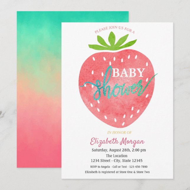 Convite Chá de Bebê de Morango em Aquarela (Frente/Verso)