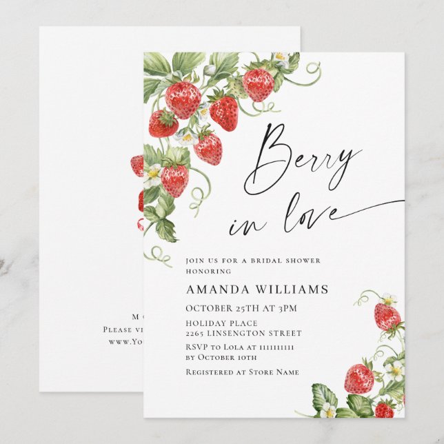 Convite Chá de Bebê de Morango em Aquarela Tendência Prado (Frente/Verso)