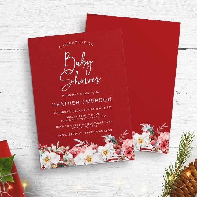Convite Chá de Bebê de Natal (Rustic Boho Chic Watercolor Botanical Berries A Merry Little Baby Shower Invitations)