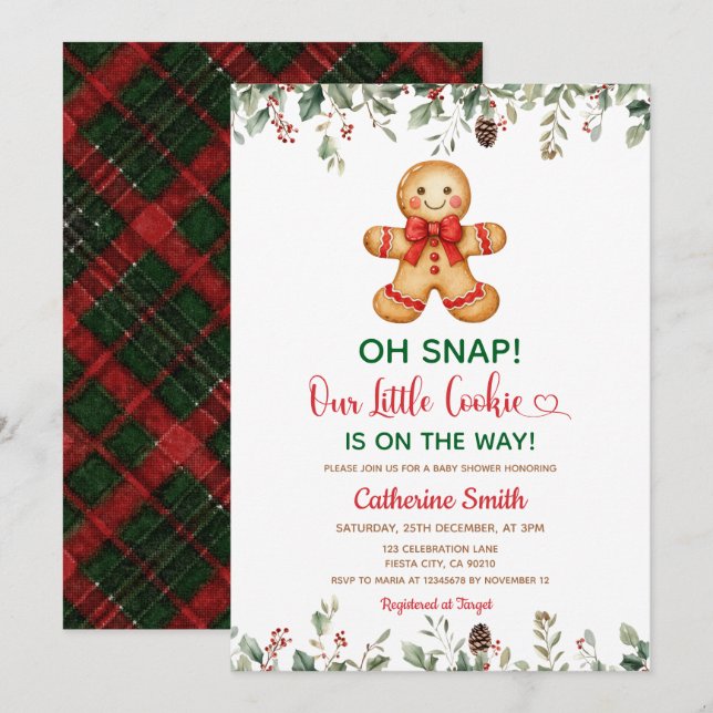 Convite Chá de Bebê de Natal Clássico Plaid Gingerbread (Frente/Verso)