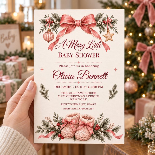 Convite Chá de Bebê de Natal com Laço Rosa (Criador carregado)