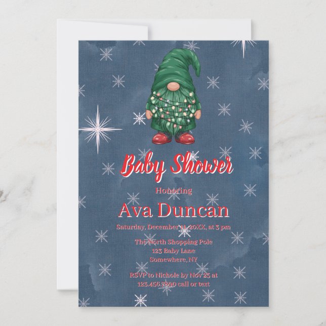 Convite Chá de Bebê de Natal do Gnome Verde Aquarela (Frente)