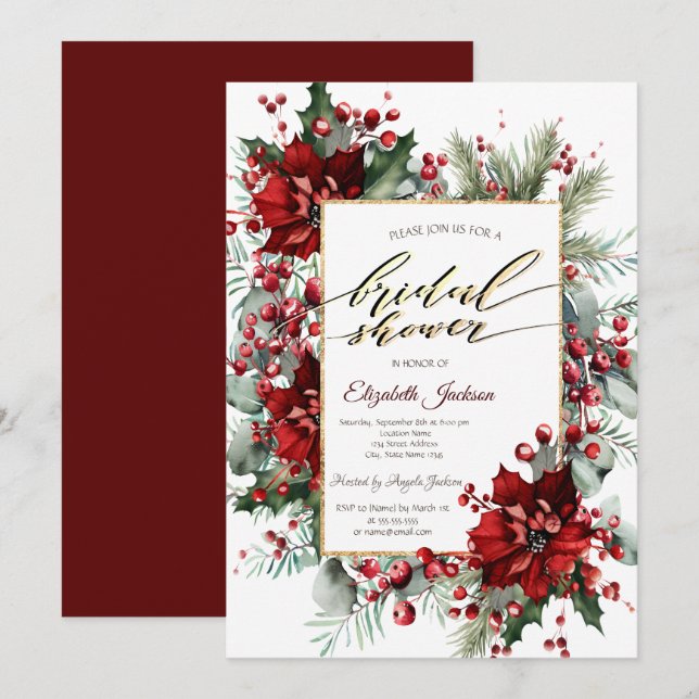 Convite Chá de Bebê de Natal Elegante com Poinsettia (Frente/Verso)