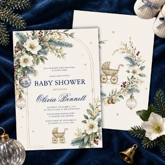 Convite Chá de Bebê de Natal Elegante em Azul Chinoiserie