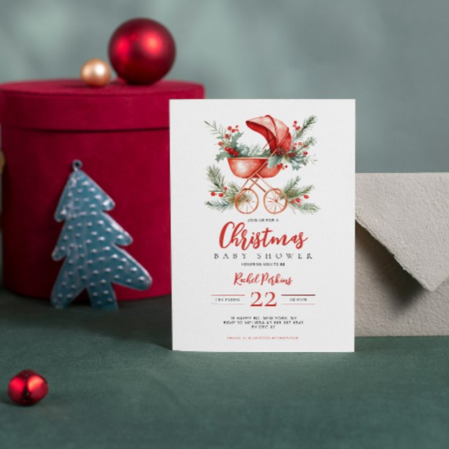 Convite Chá de Bebê de Natal em Aquarela com Carrinho Verm (Criador carregado)
