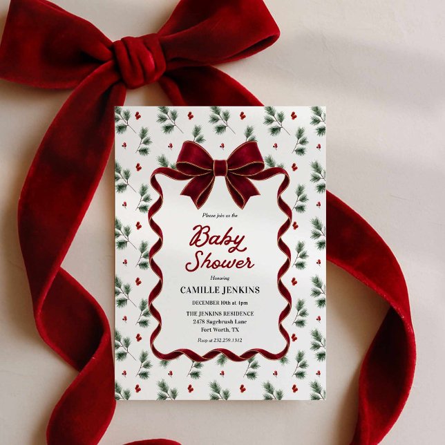 Convite Chá de Bebê de Natal Tudo em Um Arco Vermelho (Red Bow All in One Christmas Baby Shower Invitation)