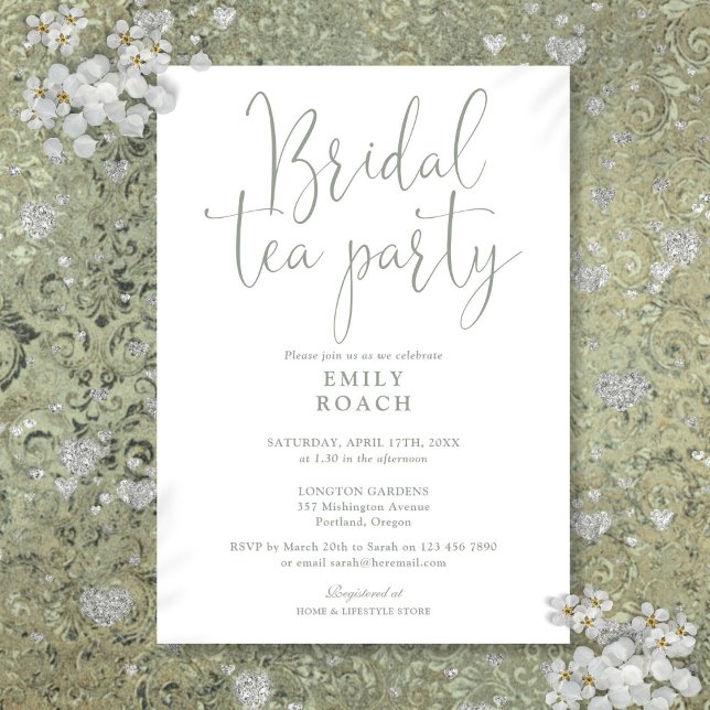 Convite Chá de Bebê de Noiva com Elegante Roteiro Verde Sá (Sage Green Elegant Script Bridal Tea Party Shower Invitation)