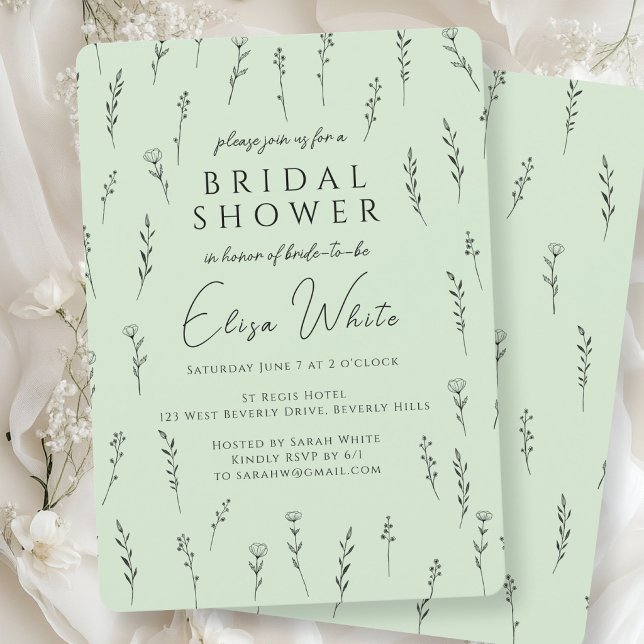 Convite Chá de Bebê de Noiva com Flores Silvestres Delicad (Delicate Scattered Wildflowers Bridal Shower Pale Green Invitation
)
