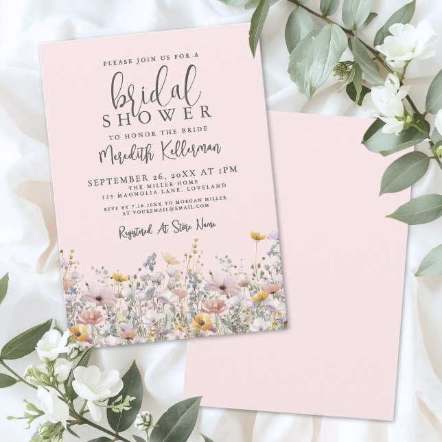 Convite Chá de Bebê de Noiva com Flores Silvestres Rosa Co (Blush Pink Wildflower Bridal Shower Invitation)