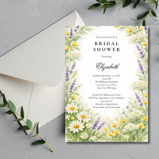 Convite Chá de Bebê de Noiva com Lavanda Margaridas Flores (Wildflowers ( Lavender, Daises ) Watercolor Greenery botanical Bridal Shower invitation. )