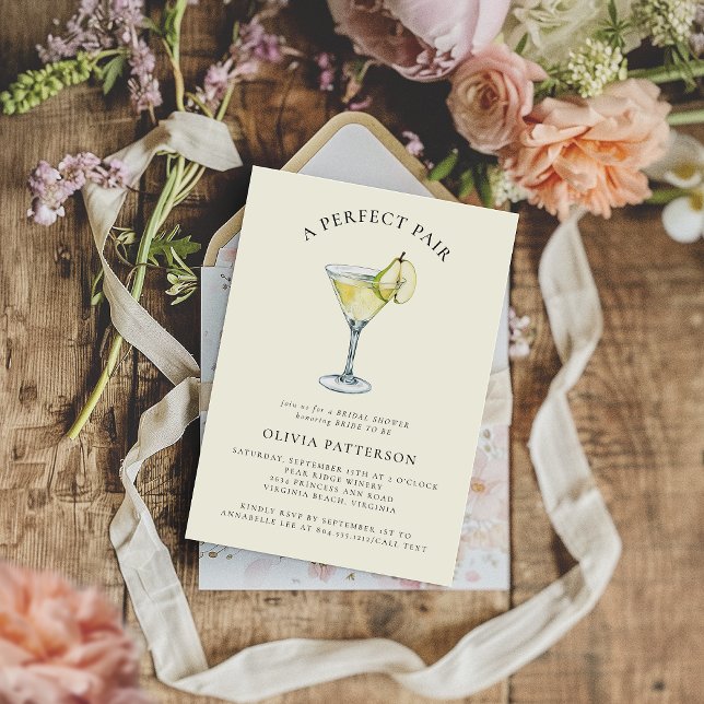 Convite Chá de Bebê de Noiva com Martini de Pera em Aquare (A Perfect Pair Bridal Shower Invitation )