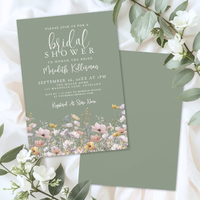 Convite Chá de Bebê de Noiva de Flores Silvestres Verde Sá (Sage Green Wildflower Bridal Shower Invitation)