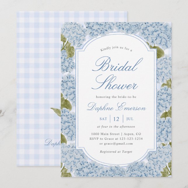 Convite Chá de Bebê de Noiva Elegante com Hortênsias Azuis (Frente/Verso)
